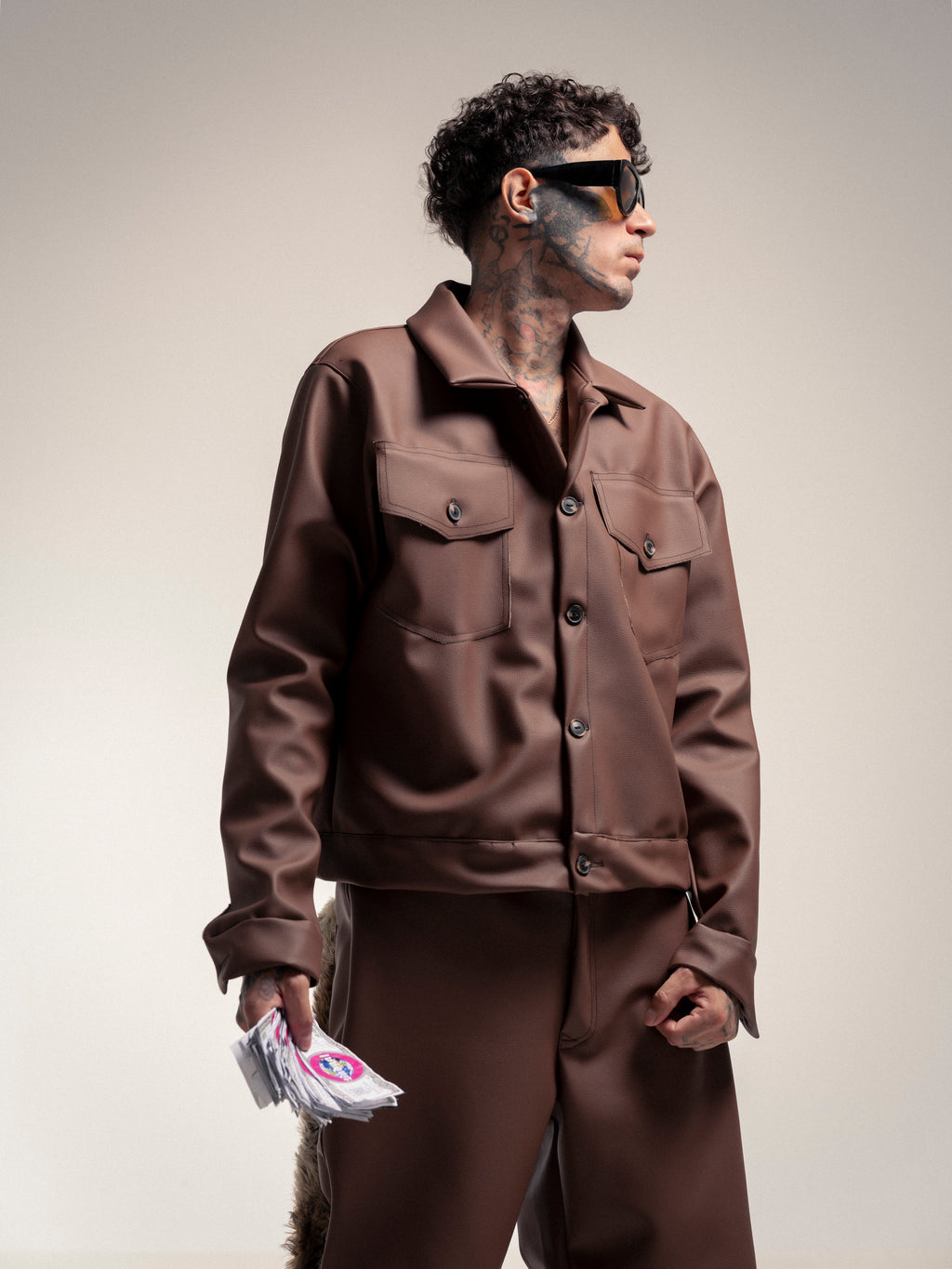 BROWN LEATHER CROPPED JACKET