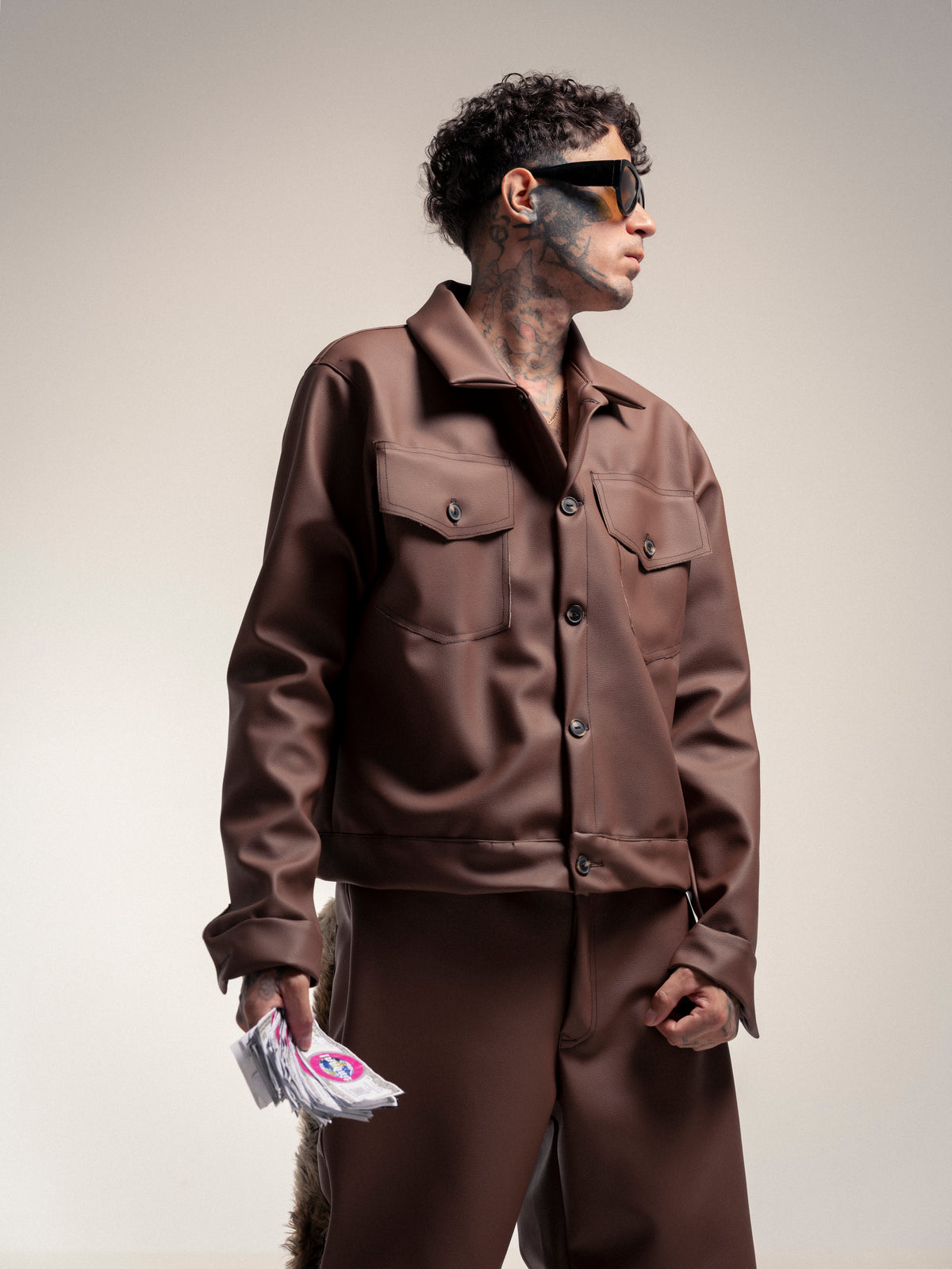 BROWN LEATHER CROPPED JACKET
